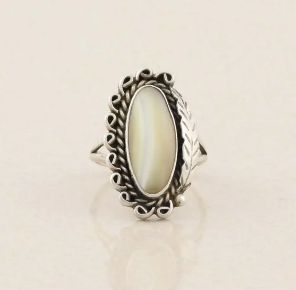 Sterling Silver Mother of Pearl Feather Ring Size 8